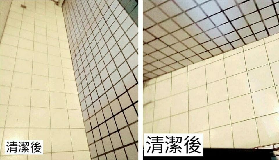 1) 照片顯示兩個部分,分別是白色瓷磚牆壁,左邊是清潔後的牆壁,右邊是清潔前的牆壁,瓷磚上還有一些黑黑的污垢