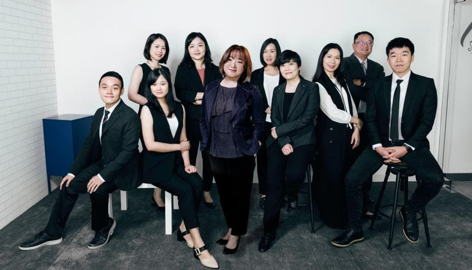 這張「團隊合照」的照片是一群人站在一起,他們穿著正式服裝,看起來像是公司員工,背景是白色的牆壁。