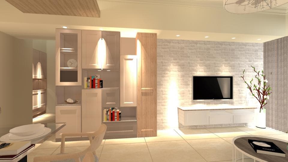 這張照片是一個現代化的客廳,最引人注目的地方是牆壁上懸掛的電視和下方白色的電視櫃,它給人一種簡潔、優雅的視覺感受。