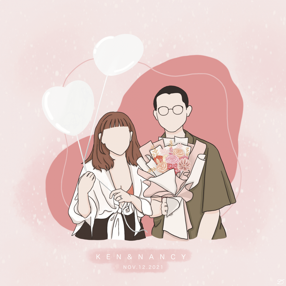 這張照片是一對情侶的插畫,他們手牽著手,男生拿著一束花,女生拿著氣球,背景是粉紅色,代表著愛情和甜蜜。