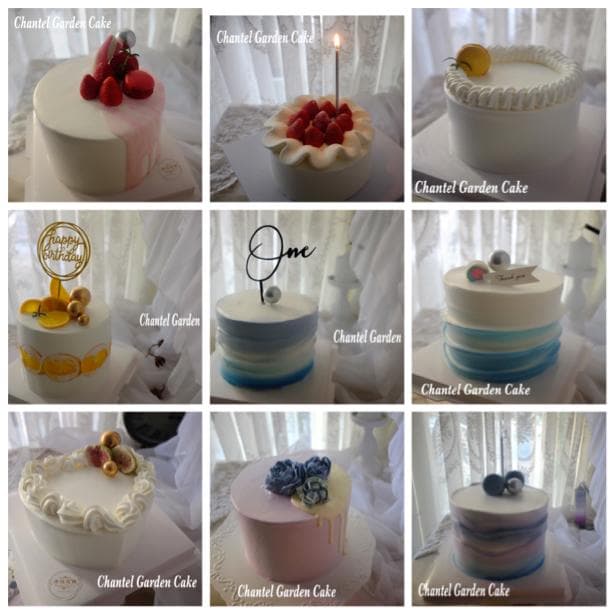 這張照片是九款不同設計的蛋糕,每一款都以白色為底色,並使用水果、糖霜和裝飾來增添色彩和趣味。 它們都看起來非常美味,讓人想一口吃掉。