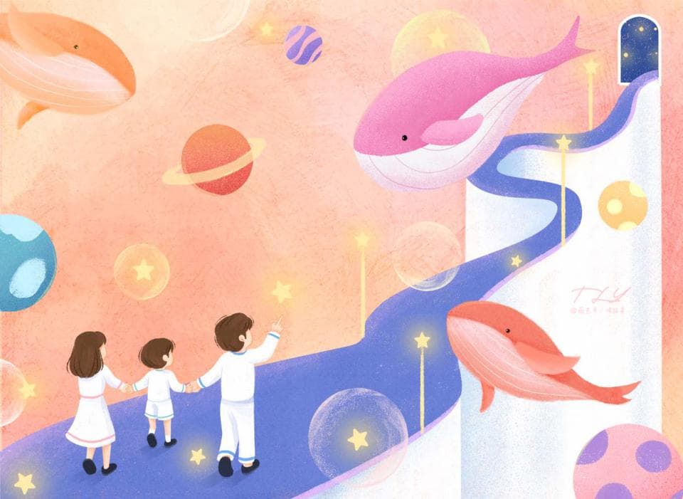 這張照片是一個充滿童趣的宇宙場景,三個孩子手牽著手,沿著星光閃耀的藍色星河,朝著遠處的粉色鯨魚和夢幻城堡走去,畫面充滿了童真和希望。