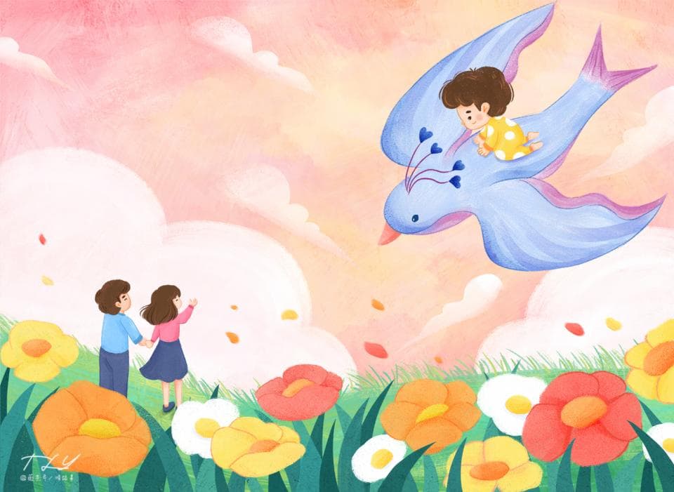 這張照片是一隻藍色的鳥兒,上面載著一個穿著黃色衣服的小女孩,牠正飛翔在一片粉紅色的天空下,下方是一對情侶,他們正在看著這隻鳥兒。