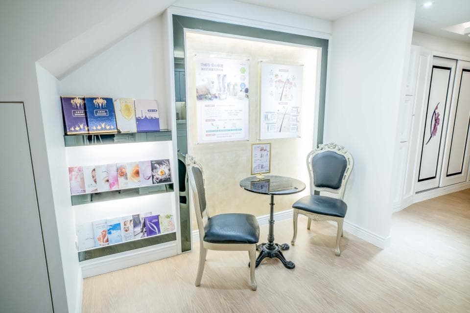 這張「美容院等候區」的照片是,牆上掛著美容服務的介紹圖,右邊有一扇門,中間有一個咖啡桌,兩張椅子擺放在一旁,左邊是一個有許多產品的展示架。