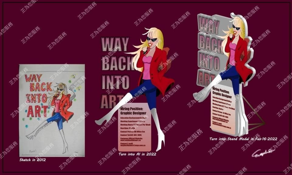 這張照片是一個展示「Way Back Into Art」標語的三維立體模型。 模型裡有一個穿著紅色外套和白色靴子的女人站在標語上面,看起來非常有個性。