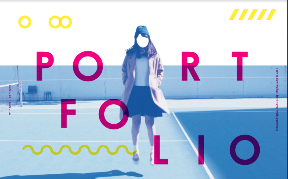 這張照片是一個簡潔的設計,以粉紅色字體寫著「PORTFOLIO」為中心,背景是一個藍色的運動場,一個穿著外套和裙子的女生站在中間。