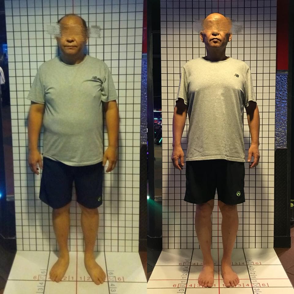 這張照片是一個男人在健身房裡前後兩張照片的對比,照片中,他透過運動成功減肥,身材明顯的變得更精瘦,證明運動可以有效改善身材。