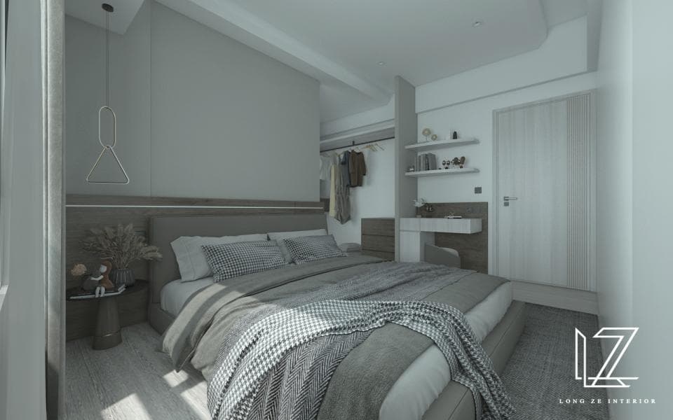 這張「臥室」的照片是 一個現代化的臥室設計,以灰色為主要色調,並帶有木質元素。 房間裡有一個大床,床頭板是木質的,床單是灰色的,還有一些抱枕。 床頭櫃上有一個小燈,床邊有一盆綠色植物。牆上有一盞吊燈,設計非常簡潔。 床對面是一個衣櫃,裡面有衣服和鞋子。牆上還有一個鏡子。