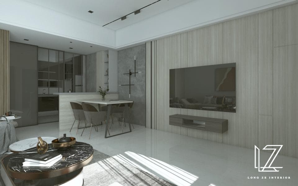 這張「客廳」的照片是一個現代化的客廳,有一個大電視、一個餐桌和一個咖啡桌。牆壁上裝飾著木板,整個空間看起來很乾淨整潔。