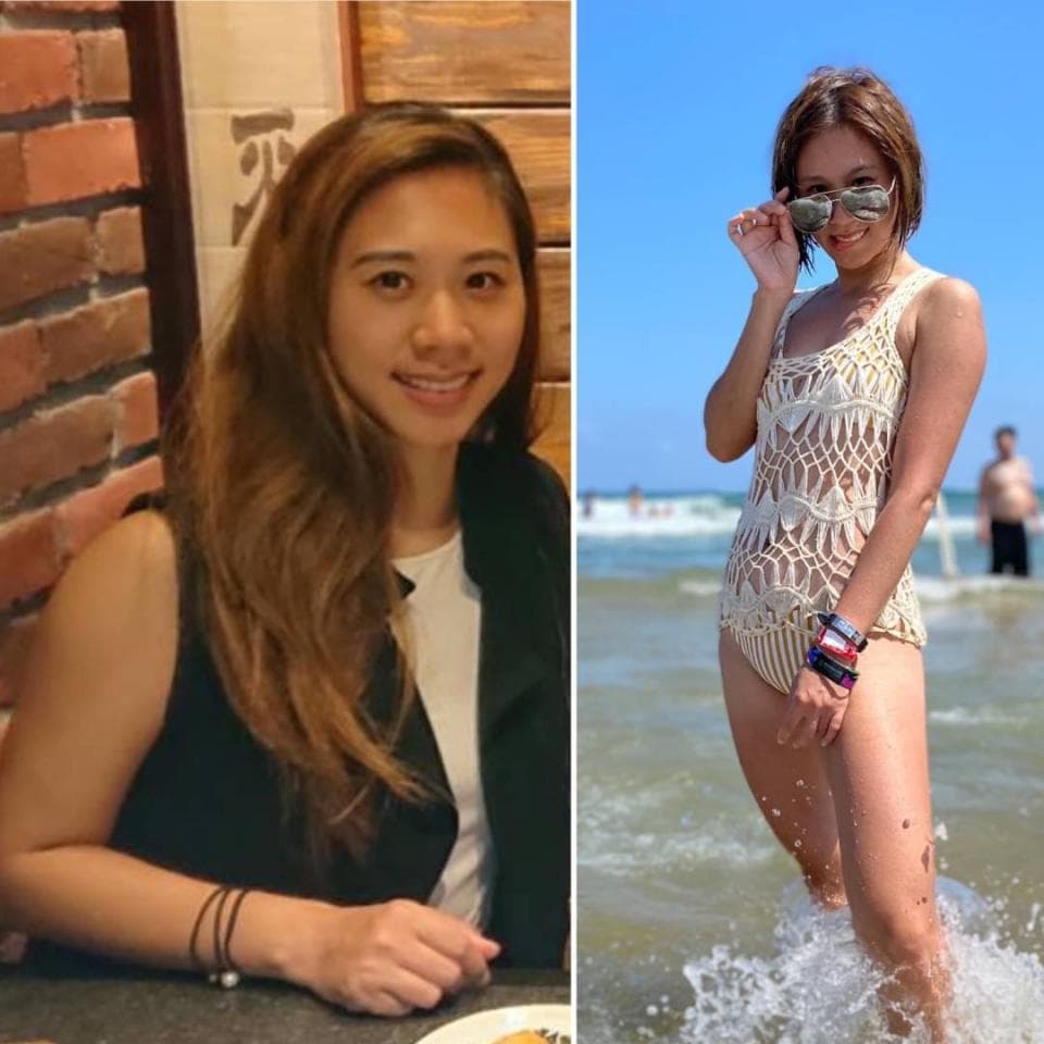 這張照片是兩個年輕女性的照片。左側的女人穿著黑色背心,右側的女人穿著白色連身泳裝,並戴著太陽眼鏡。