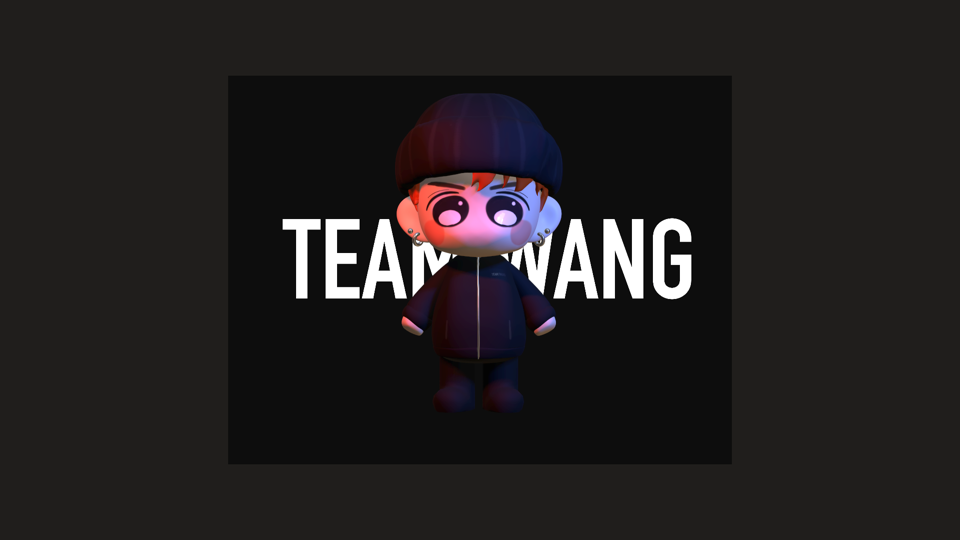 這張照片是一個卡通人物,頭戴黑色帽子,身穿黑色外套,站在“TEAM WANG”字樣前。