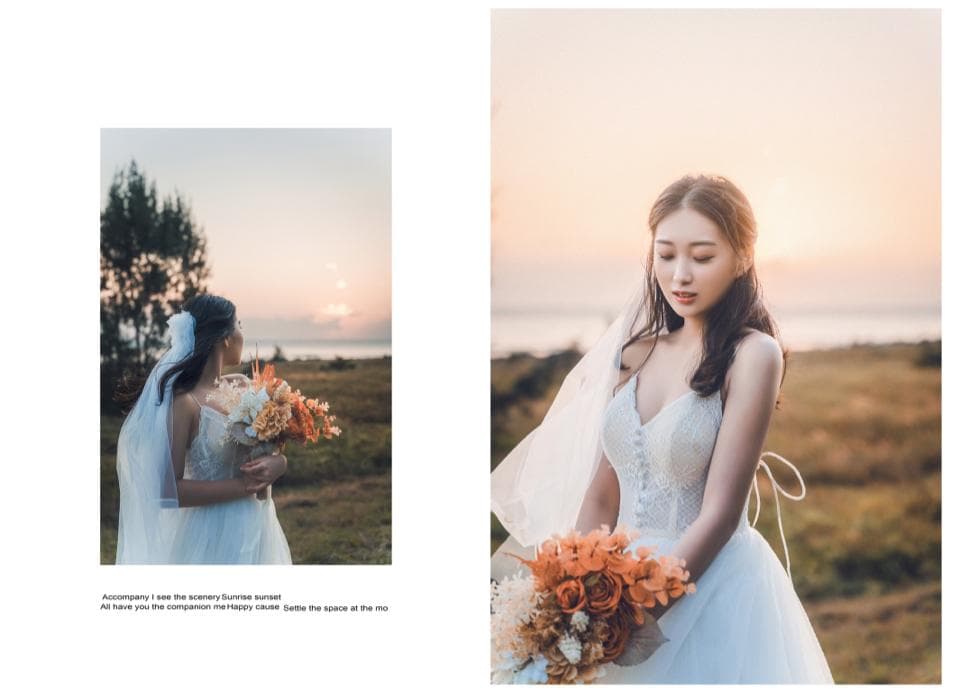 這張照片是一名美麗的新娘,她穿著優雅的婚紗,手裡拿著一束橘色的花,背景是夕陽西下的海邊。
