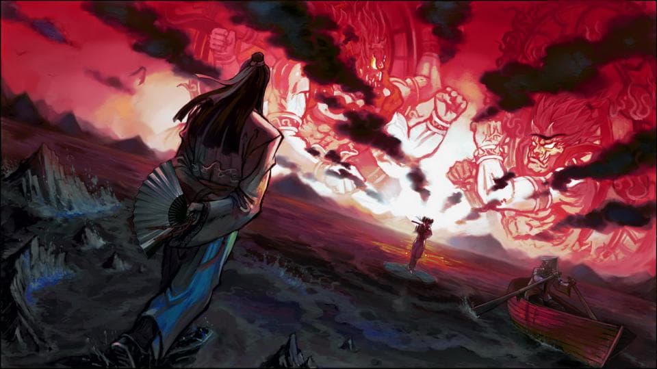 這張照片是一個男人站在海邊,天空上有紅色的雲和巨大的紅色生物。