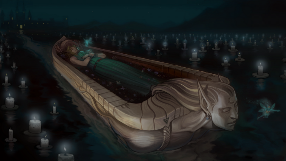 這張照片是一艘木船,船上躺著一個女人,她正睡著。船的頭部是一隻巨大的生物,牠的頭像是人類,但有尖尖的耳朵。船正漂浮在水面上,周圍有許多蠟燭,它們散發著光芒。