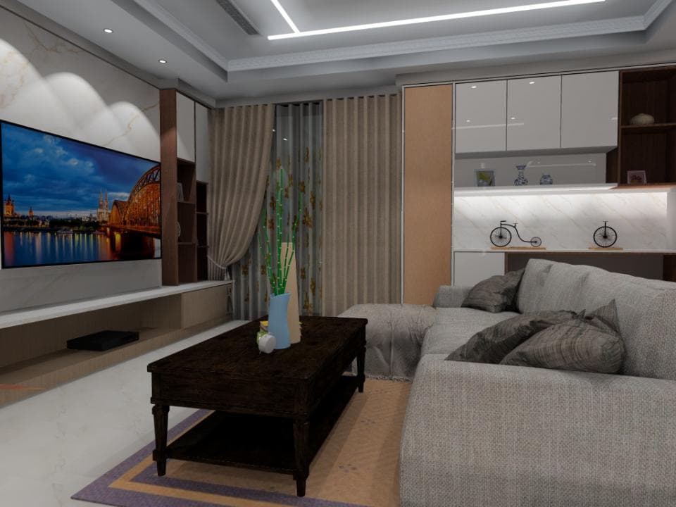 這張「客廳」的照片是一個現代化的客廳,有沙發、電視和咖啡桌。牆上掛著一幅畫,房間裡還有很多植物。