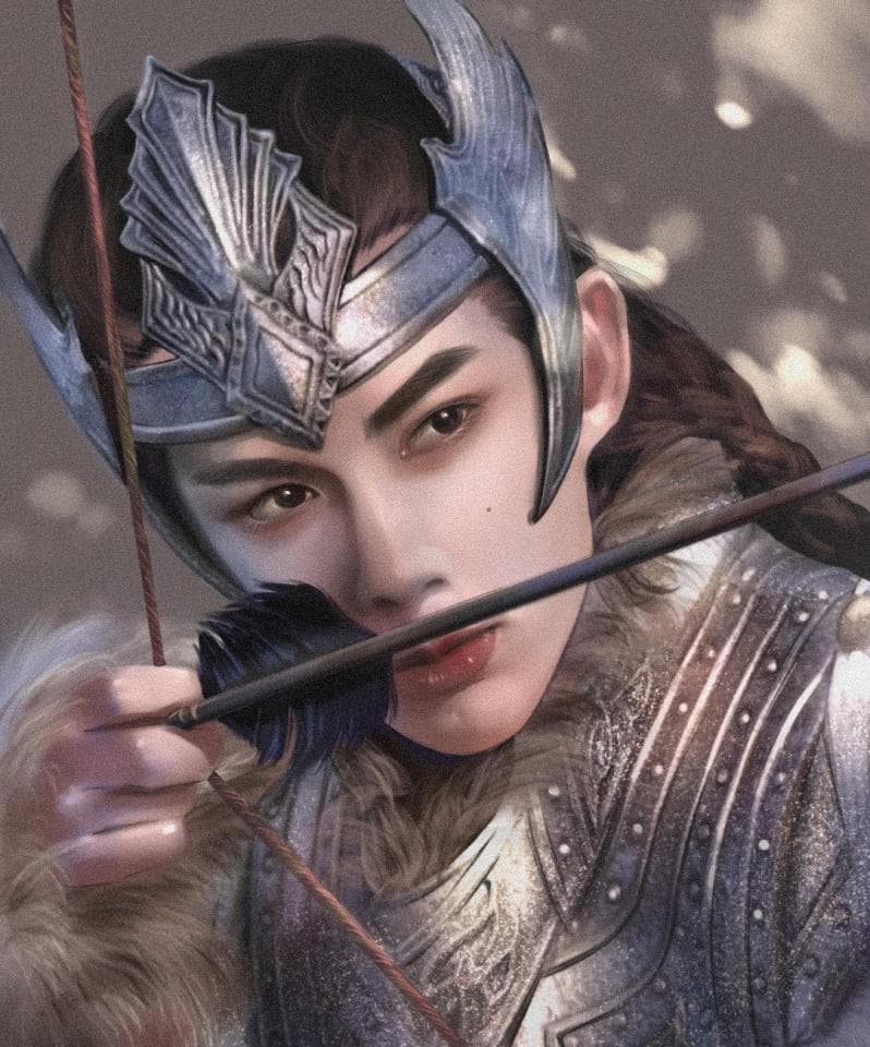 這張照片是一名戴著盔甲頭盔和手持弓箭的男性人物。他正專注地盯著前方,眼神堅定,展現出強烈的戰鬥氣息。