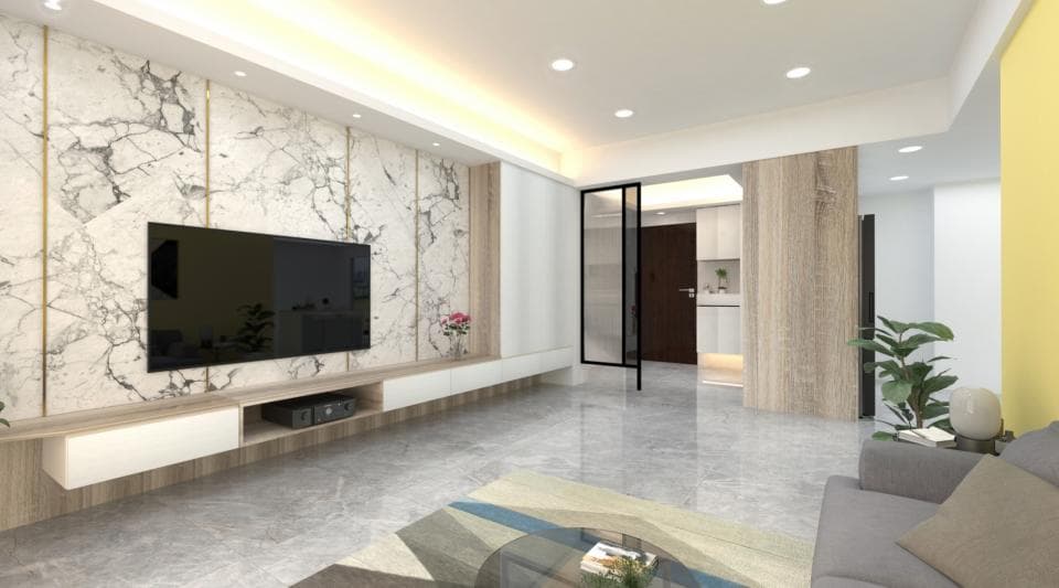 這張照片是一間現代化的客廳,重點是牆上裝飾的電視牆,以白色大理石紋理為主,搭配細緻的金色線條,展現高雅的質感。電視牆下方的電視櫃設計簡潔,與整體空間風格相呼應。