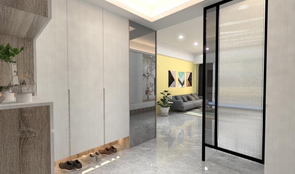 這張照片是一個現代化的玄關,最重要的是一個黑色的玻璃門,上面有許多垂直的線條,形成一個隱約的視覺效果。