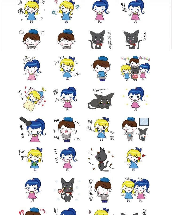 這張「貼圖」的照片是一系列可愛的卡通人物,包括男孩、女孩和貓咪。他們在不同的場景中做著不同的動作,每個角色都有不同的表情,讓人覺得很可愛。