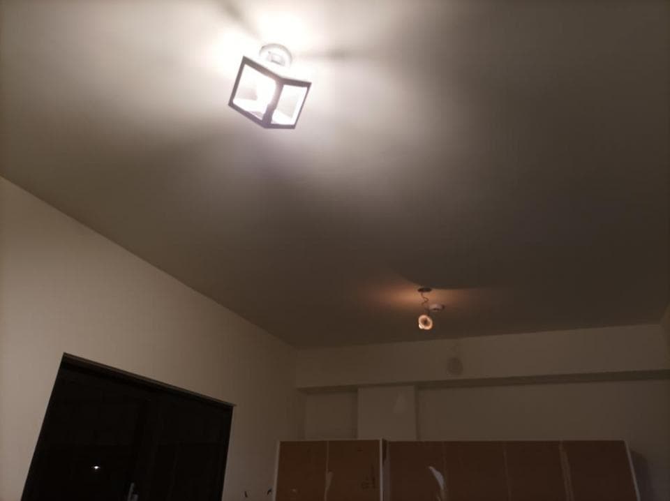 1) 照片顯示一個白色天花板,上面裝了兩個燈具,其中一個是黑色的方形燈罩,另一個則是一個簡單的圓形燈罩