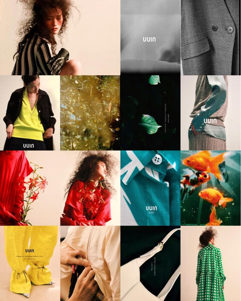 這張「時尚」的照片是一個時尚品牌「uuin」的服裝系列,包含服裝、鞋子、包包等商品。照片中有多位模特展示不同風格的服裝,並用簡潔的背景襯託產品。
