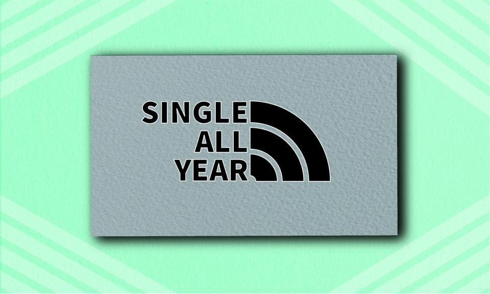 這張照片是一張灰色的卡片,上面用黑色字體寫著「SINGLE ALL YEAR」,旁邊還有一個黑色的半圓形圖案。