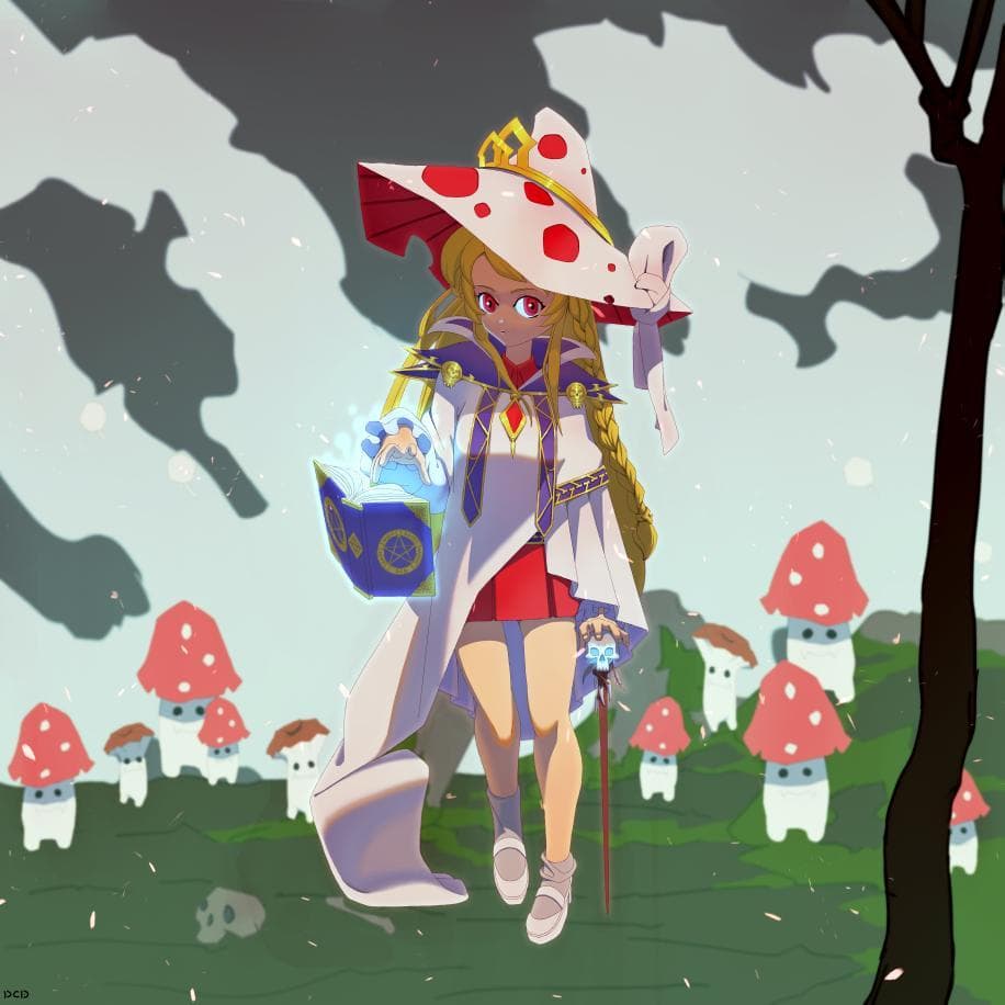 這張照片是一個穿著白色長袍、紅色的裙子和白色點點蘑菇帽的女孩。她拿著一本藍色的書,站在一棵大樹旁。