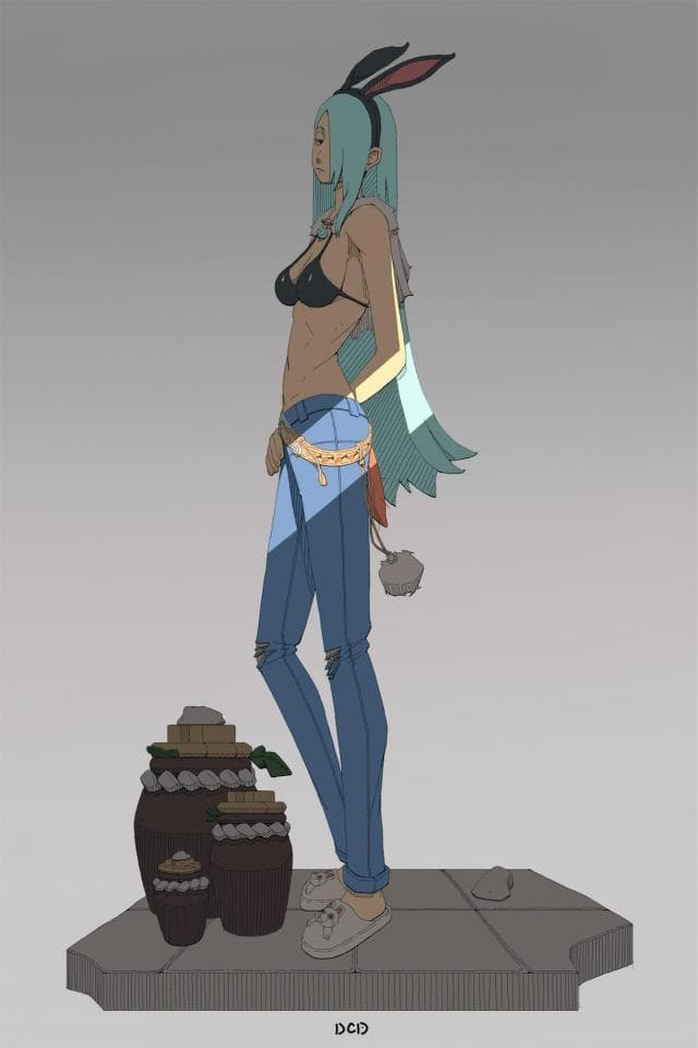 這張照片是一個穿著牛仔褲和兔耳的女孩。她站在一些陶罐前面,表情看起來很平靜。