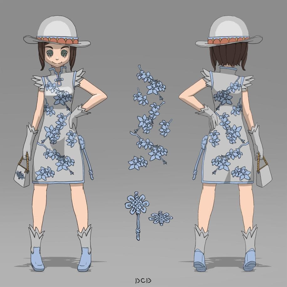 這張照片是一個穿著淺藍色旗袍的女性角色,她戴著一頂淺色的帽子,手拿一個淺色的包包,看起來十分優雅。