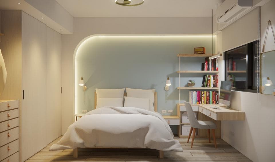 這張「臥室」的照片是床頭靠牆,牆上有書架和書桌,旁邊有窗戶。