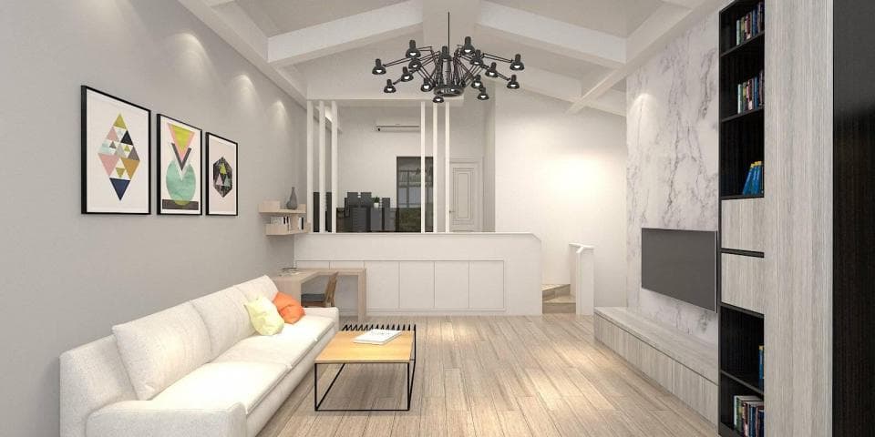 這張「客廳」的照片是,一個簡約的客廳,帶有白色沙發、茶几和電視櫃,牆上掛著幾幅抽象畫,整體風格清爽明亮。