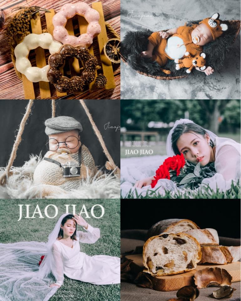 這張「四格」的照片是:第一格是嬰兒在木桌上擺放著甜甜圈的照片,第二格是嬰兒在毛毯上,第三格是新娘在綠色草地上,第四格是麵包放在木板上的照片。