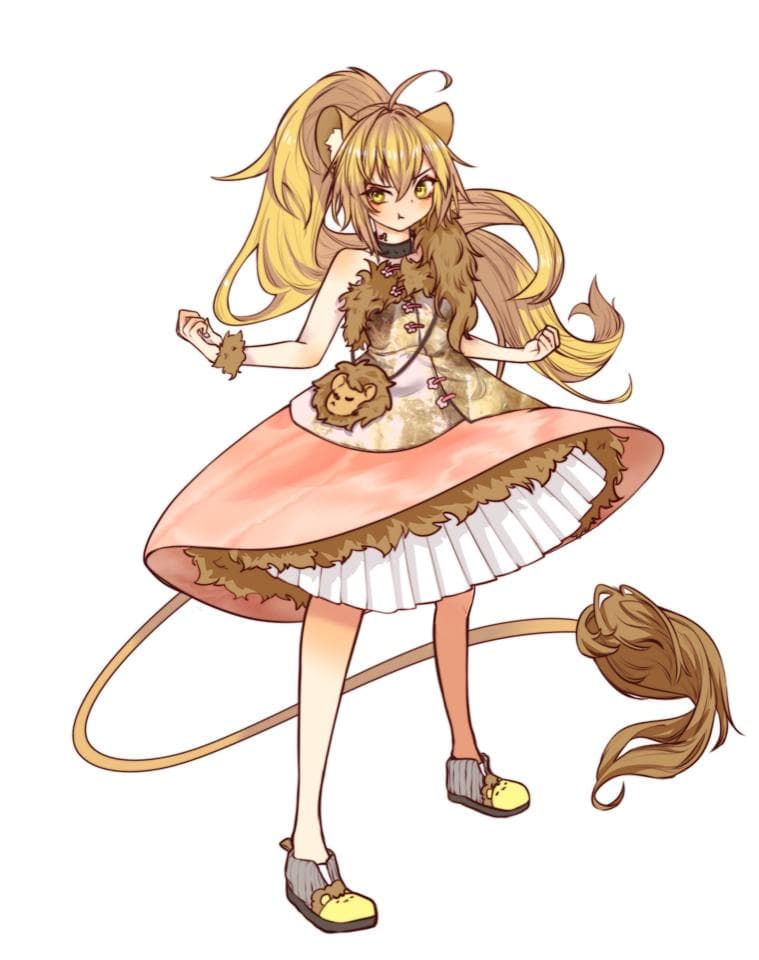 這張照片是一個穿著粉色洋裝的可愛女孩。她有一頭金色的長髮,還有一條蓬鬆的尾巴。她的洋裝上有一個可愛的小獅子圖案,讓她看起來更像是一隻可愛的小獅子。