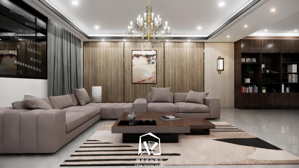 這張照片是一間現代化的客廳,最重要的是沙發和茶几。沙發是淺灰色的,有兩個部分組成,茶几是深褐色的木質,上面放著一些裝飾品。