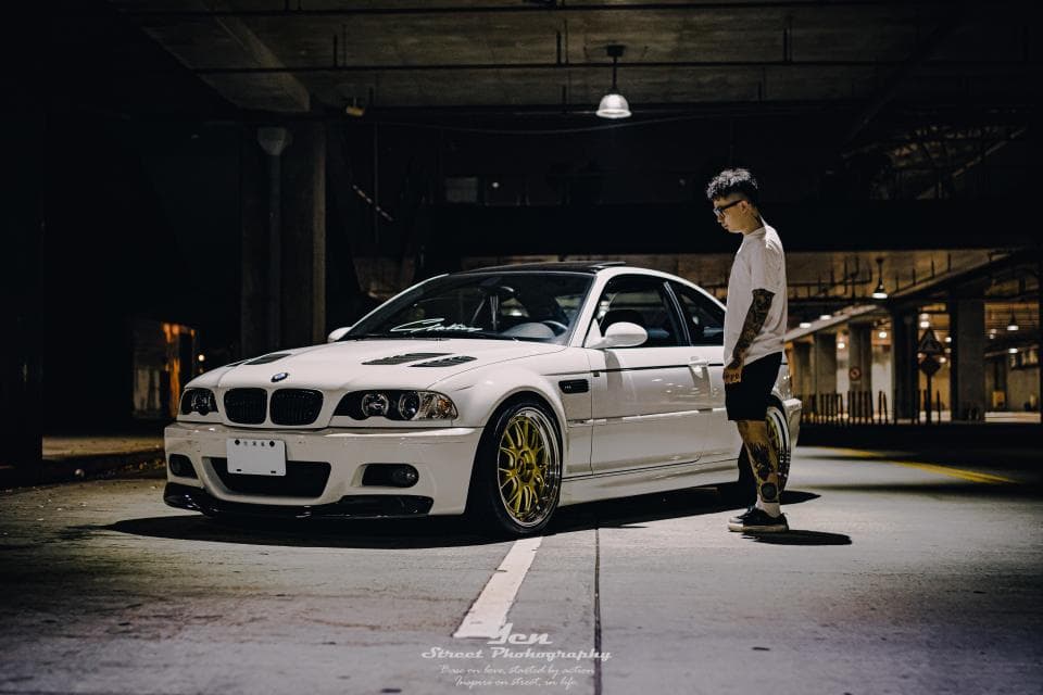 這張「白色跑車」的照片是一輛停在停車場裡的白色寶馬3系,車旁站著一位年輕男子。