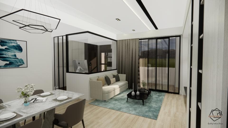 這張「現代化住宅」的照片是一個帶有玻璃隔間的客廳,客廳裡有一張沙發和一個茶几,玻璃隔間後是一個餐桌,餐桌旁有一個現代化的吊燈。