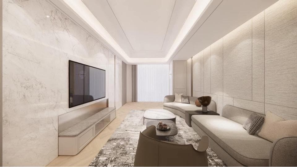 這張「客廳」的照片是一間現代化的客廳,有著大型電視、沙發和茶几,以及簡約的牆壁設計。