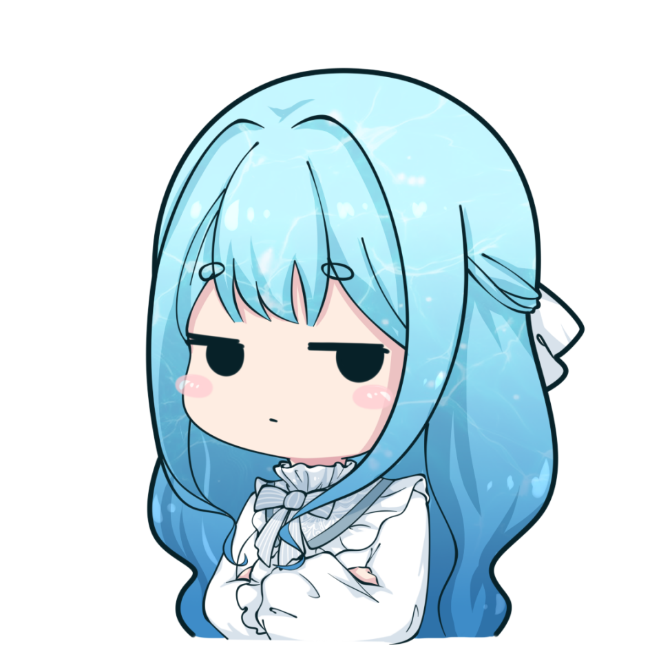 這張照片是一個藍髮女生,她雙手交叉,表情很不開心。