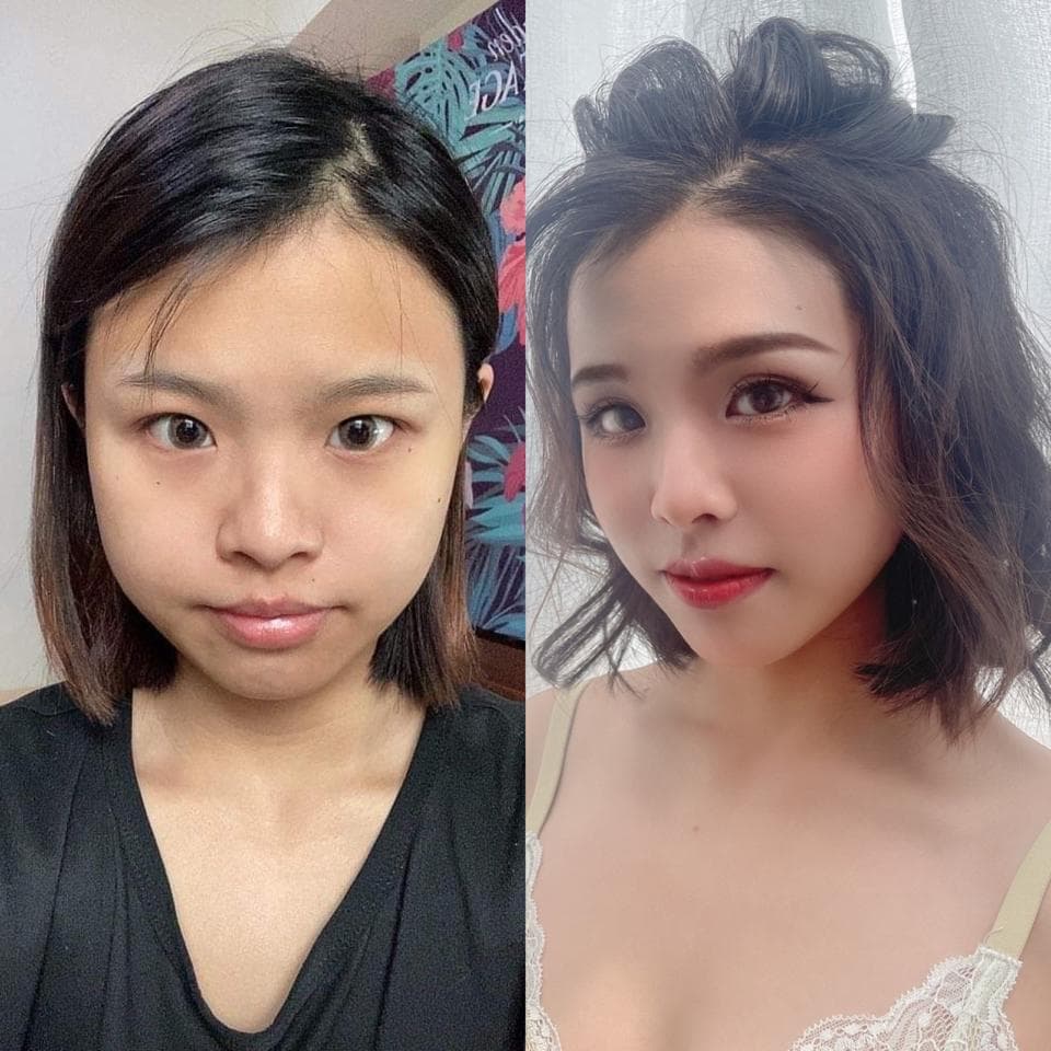 這張照片是一個女孩的素顏和化妝後的對比照。重點是她的眼睛,素顏的時候眼睛比較小,化妝後眼睛變得更大更明亮。