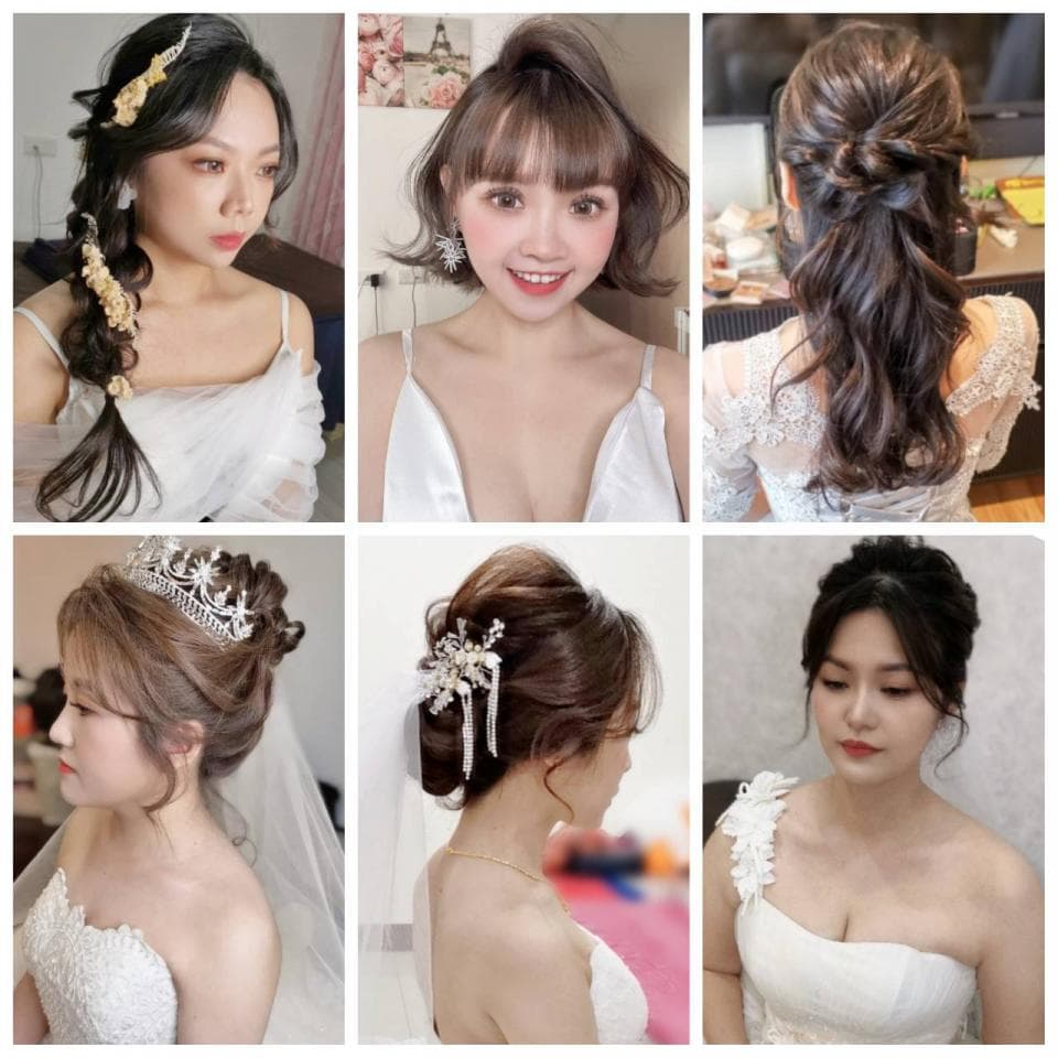 這張「新娘髮型」的照片是五位不同髮型的新娘,她們的髮型都非常漂亮。她們的髮型有長髮盤髮、短髮、公主頭等,每一個髮型都呈現出不同的風格,適合不同的新娘。