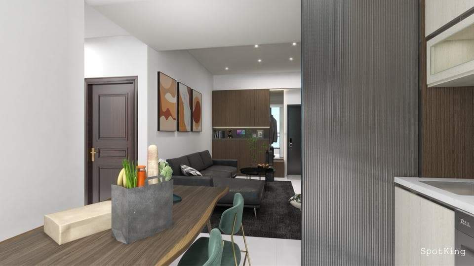 這張「現代家居」的照片是一個開放式廚房和客廳,客廳有一張沙發和一張桌子,廚房有木質櫃子和水槽。