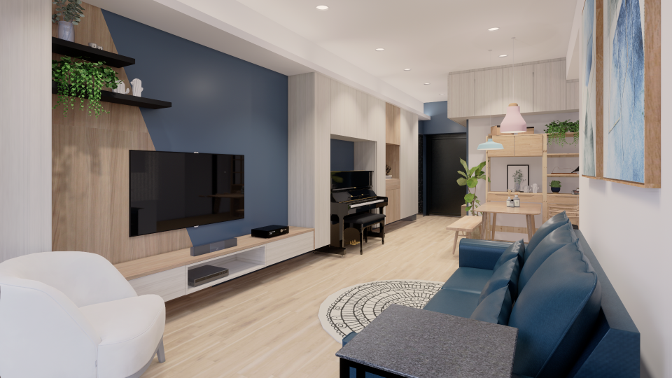 這張「客廳」的照片是一個現代化的客廳,有一個藍色的沙發、一個黑色的鋼琴、一個電視和一個白色椅子。