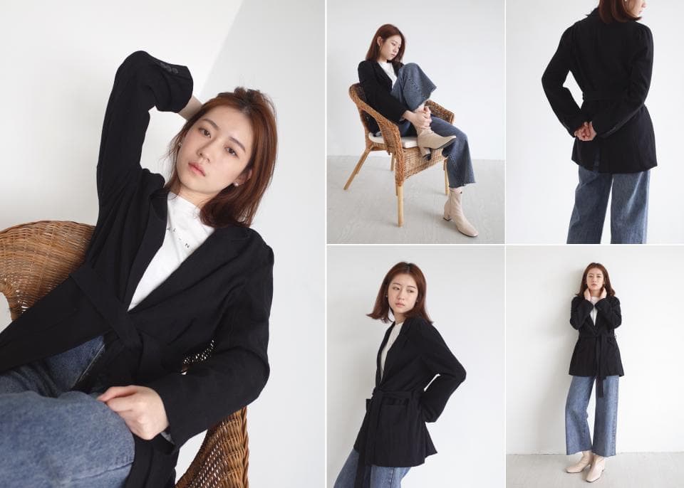 這張「服裝」的照片是四個穿著黑色外套的女性。她們分別坐在椅子上,站立在椅子旁,以及站在白色的牆壁前。