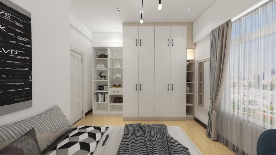 這張「臥室」的照片是一個現代化的臥室,有白色的衣櫃和床,床頭櫃上放著一幅黑白色調的畫。