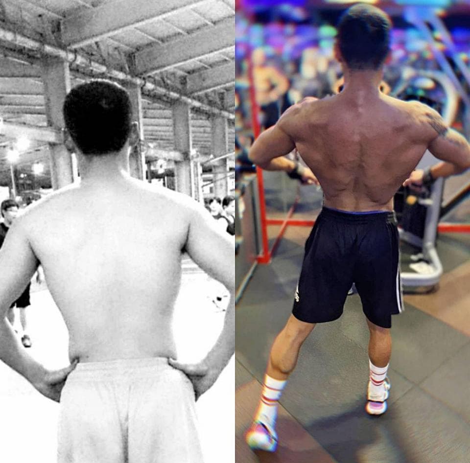 這張照片是一個男子健身前後的對比。左邊是健身前,他身材較瘦弱,而右邊是健身後,他肌肉明顯,身材健壯。