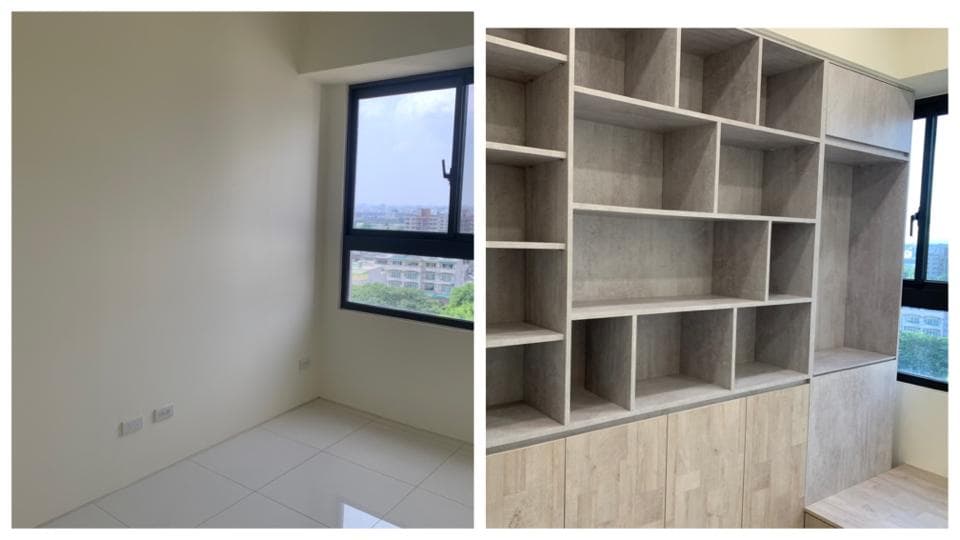 1) 照片顯示一個房間,左側是空牆,有一扇窗戶,可見外面的景色