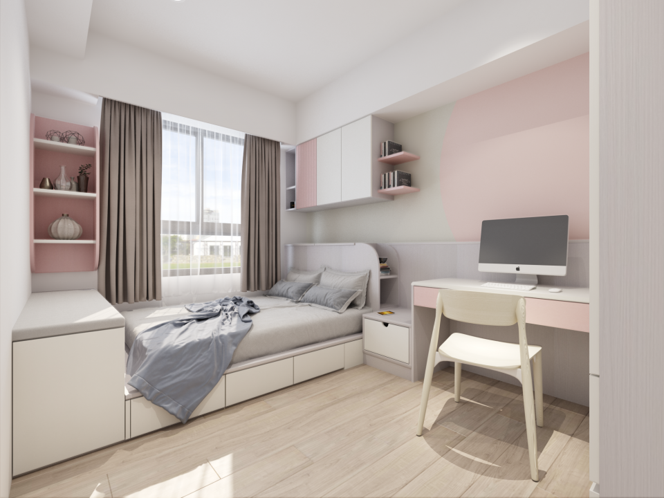 這張「臥室」的照片是一個簡約的設計,房間以白色和粉色為主色調,並帶有灰色的窗簾和床單。房間裡有床、書桌、椅子和衣櫃。