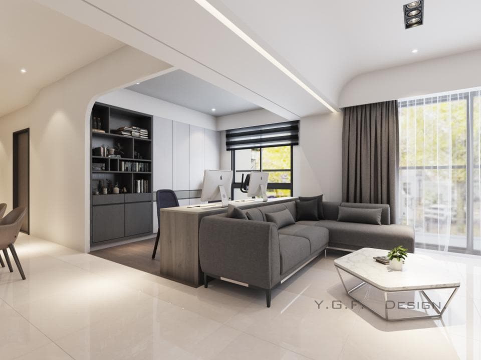 這張「現代風格客廳」的照片是一間以白色和灰色為主色調的客廳,空間寬敞明亮。客廳中央擺放著一張灰色L型沙發,前方是一張現代風格的茶几。左邊有一個大型黑色書櫃,右邊則是一個落地窗。