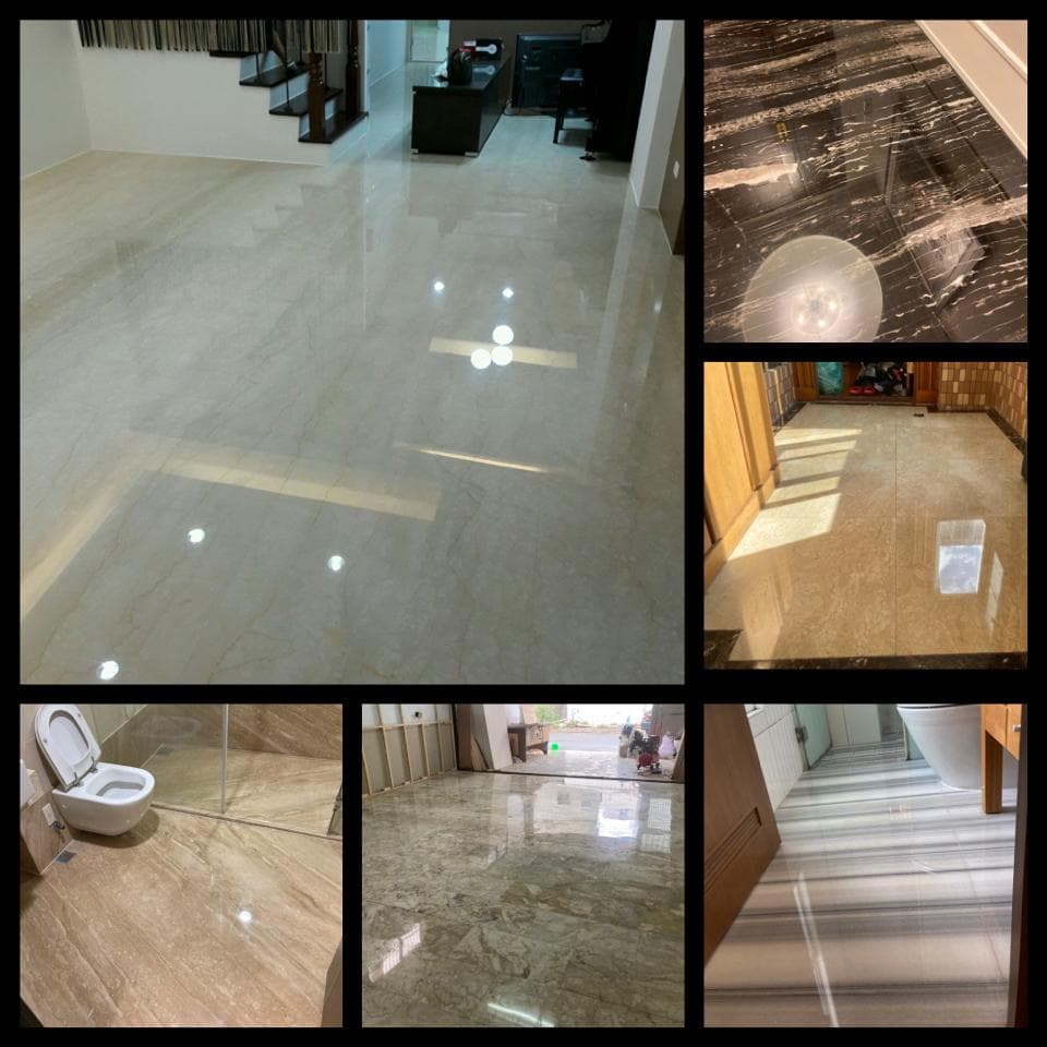 1) 照片展示了六個不同空間的拋光地板,有不同形狀和紋理的拋光地板,並且在不同的光線條件下拍攝