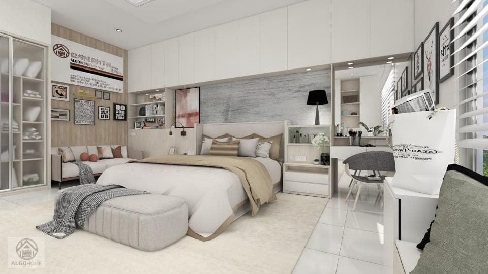 這張「現代化臥室」的照片是一個帶有灰色牆壁和木地板的臥室。房間裡有一張大床,床頭櫃和一張化妝臺。